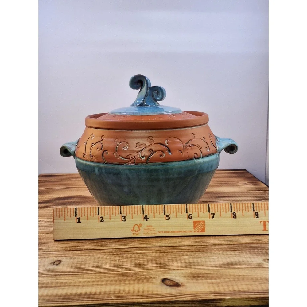 Wendy Summers Pottery Red Clay Bean Crock Pot Artisan Floral Blue Drip Glaze 5x6